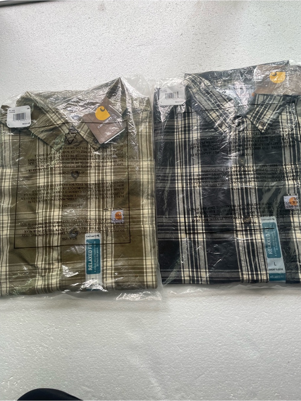 2 Carhartt Men’s Relaxed Fit Plaid Button-Down Shirt - Olive/tan, black/cream